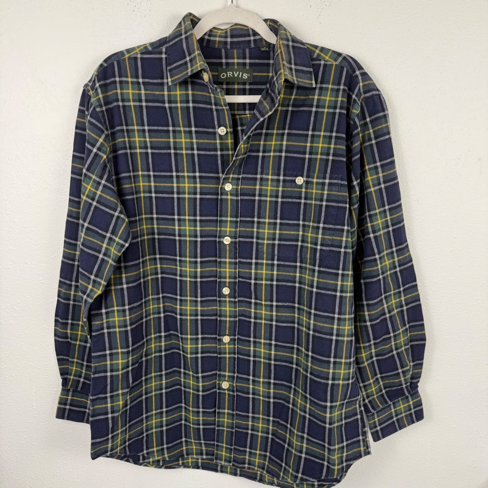 Orvis Mens Plaid Flannel Button Down Shirt Navy Green Yellow Size M Portugal
